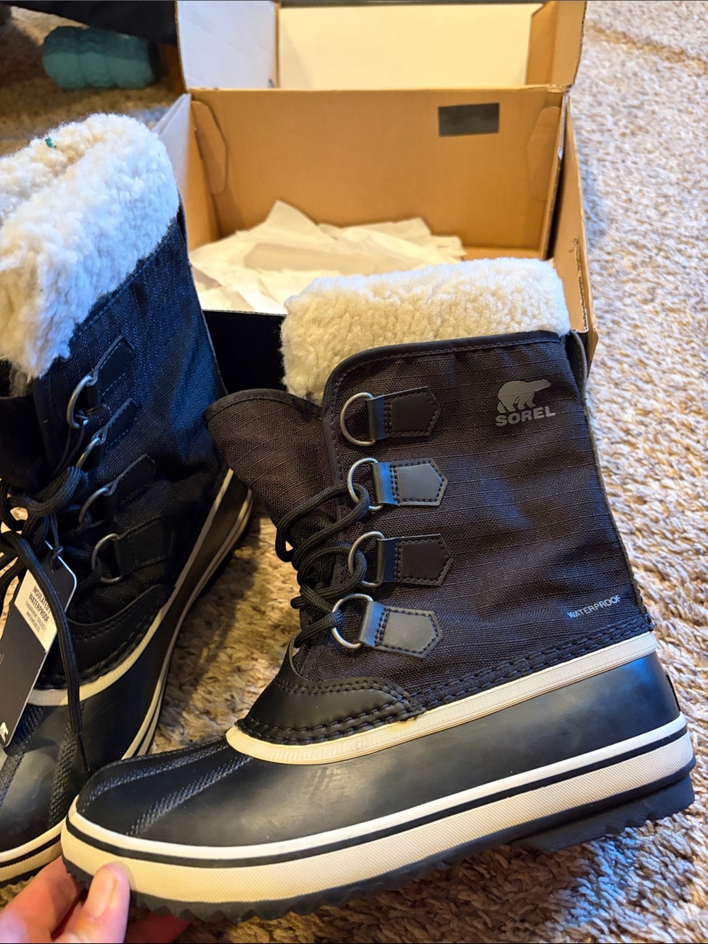 Sorel Black and Cream Lace-Up Waterproof Winter Boots
